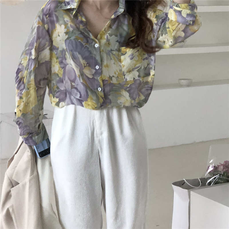 Chic Fashion Florals Printed Fresh Sunscreen Korean Loose Long Sleeve OL Basic Blouses All Match Leisure Shirts 210421