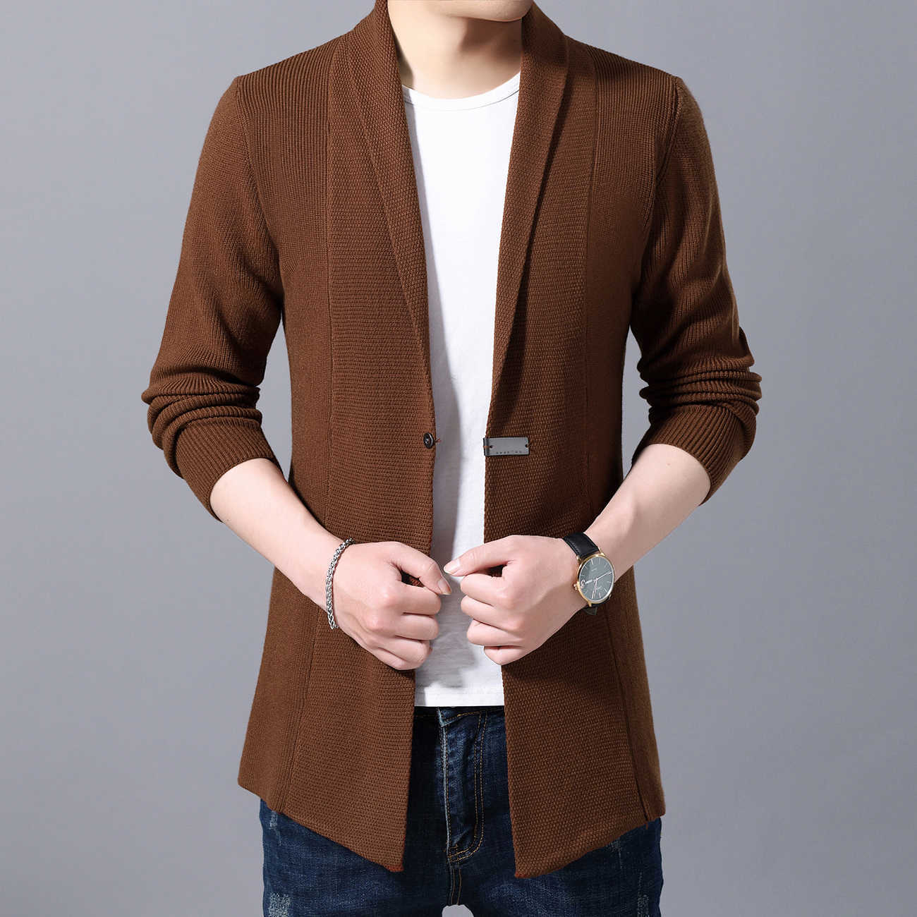 Cardigan Mens Sweaters Spring Autumn Men Casual Cardigan Jacket Man Solid Color Long Sweater Windbreaker Single Button Coats 210818