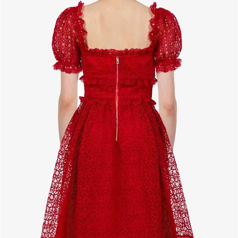 Runway Summer Self Portrait Women Square Collar Ruffles Long Dresses Puff Sleeve Hollow Out High Waist Holiday Party Dress 210506