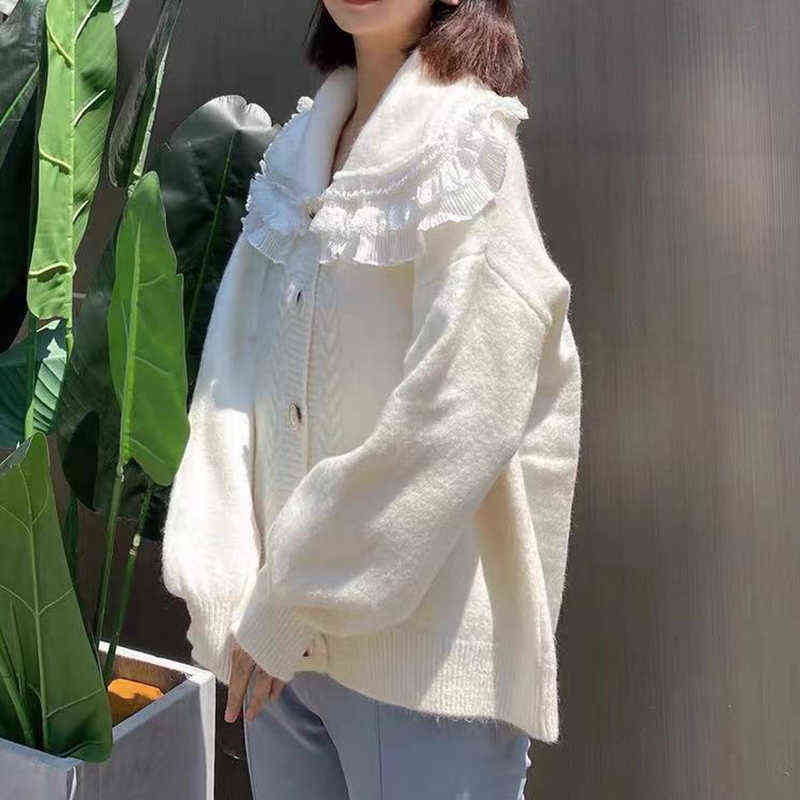 AZYT Autumn Winter Knit Female Cardigan Lace Turn Down Collar Sweater Womens jacket Loose Elegant Ladys Cardigan Pull Femme Top 211117