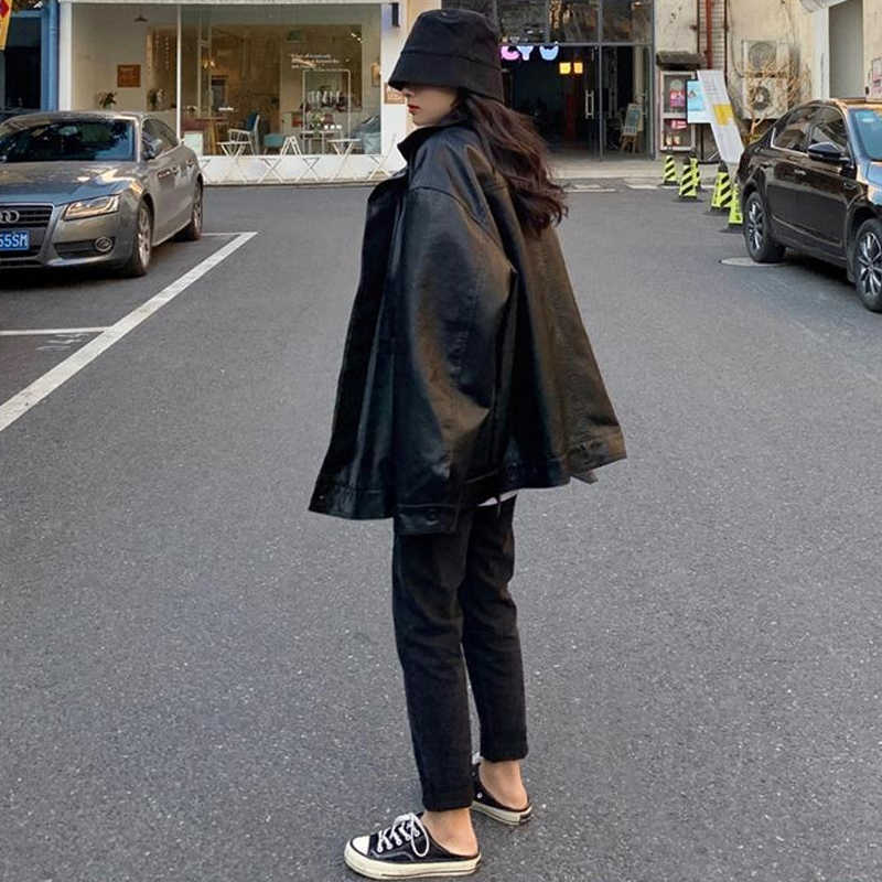Casual Black Leather Jacket Women Korean Thin Loose Moto Jacket Female Spring Fashion Streetwear Lady Outerwear Biker Coats 210908