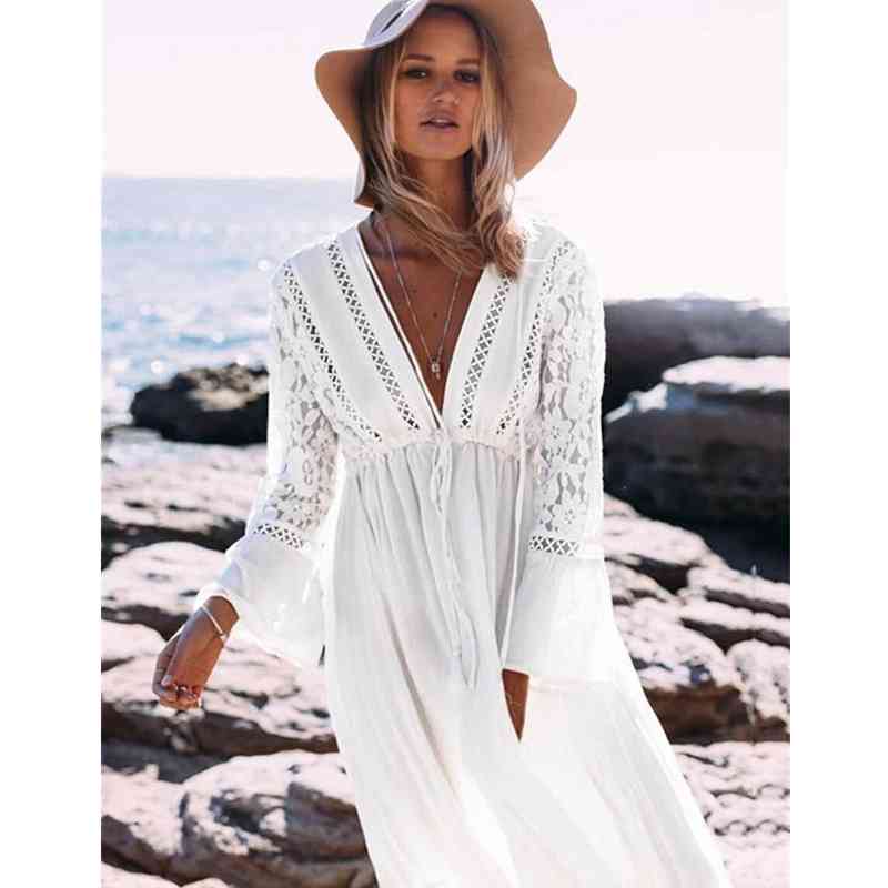 White Rayon Beach Long Dress Swimwear Tunics Kaftan wear Cover ups Robe de Plage Saida Praia #Q274 210420