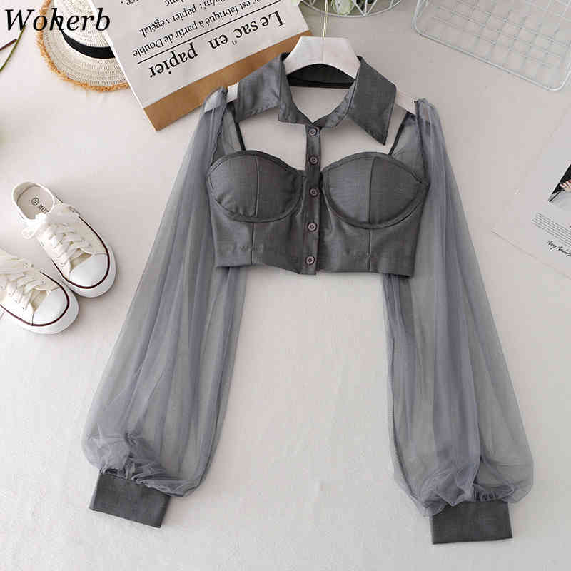 Sexy Lady Chic Women Blouses Halter Backless Shirts Blusas Mujer De Moda Gauze Patchwork Lantern Sleeve Blouse Crop Tops 210519