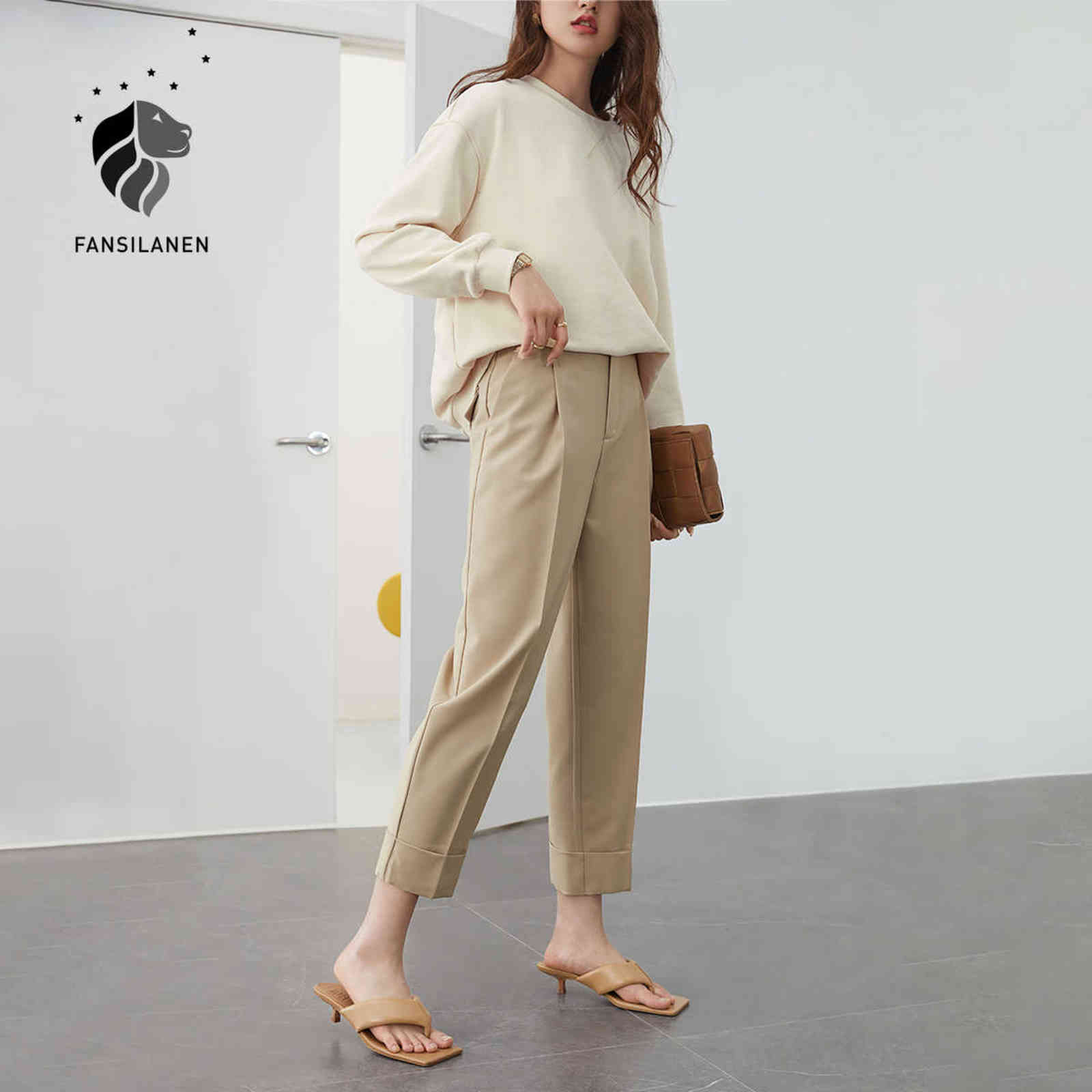 FANSILANEN Office Lady High Waist Casual Suit Pants Women Pleated Loose Female Spring Summer Korean Style Cropped Trousers 211115