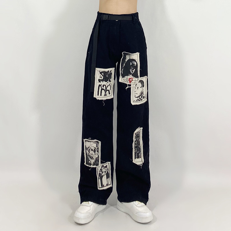 Streetwear Cartoon Patchwoek Jeans Women's Spring Autumn High Waist Black Wide Leg Denim Pants Female Tide 210427