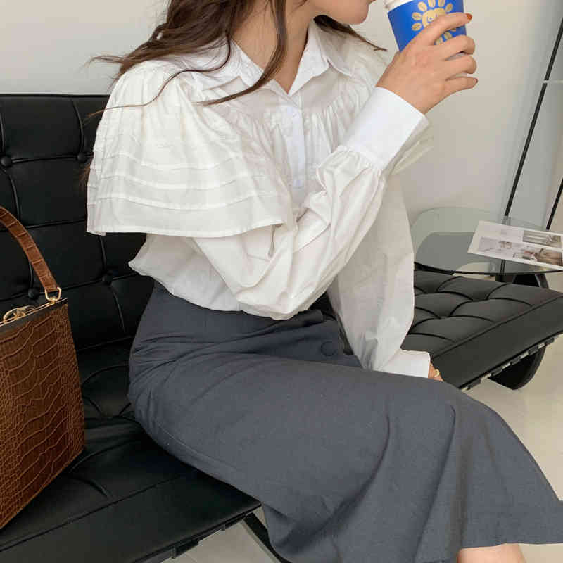 Ruffles Female Streetwear Stylish Chic Korean White Vintage Brief Solid All Match Retro Office Lady Shirts 210421