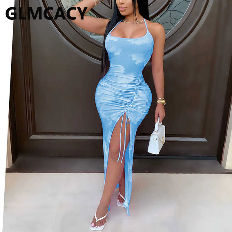 Women Abstract Printed High Slit Maxi Dress Backless Bodycon Evening Party Dress Elegant Long Robe 210702