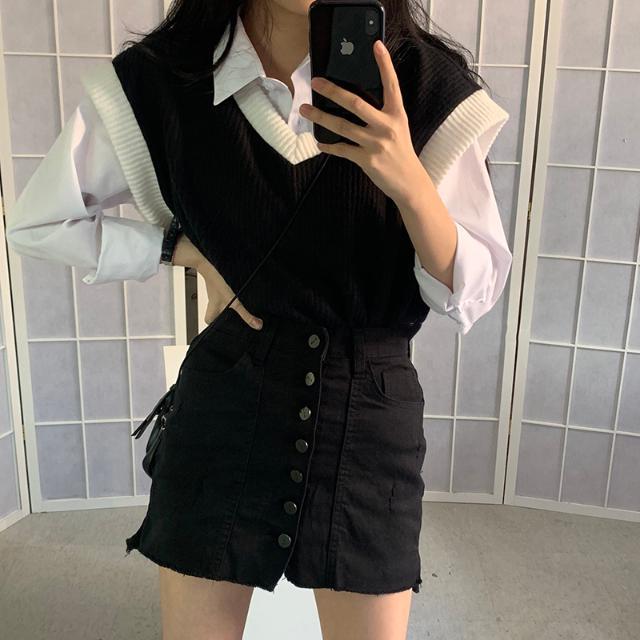 student tide stitching Korean style spring and autumn hit color wild V-neck vest sweater top women 210427
