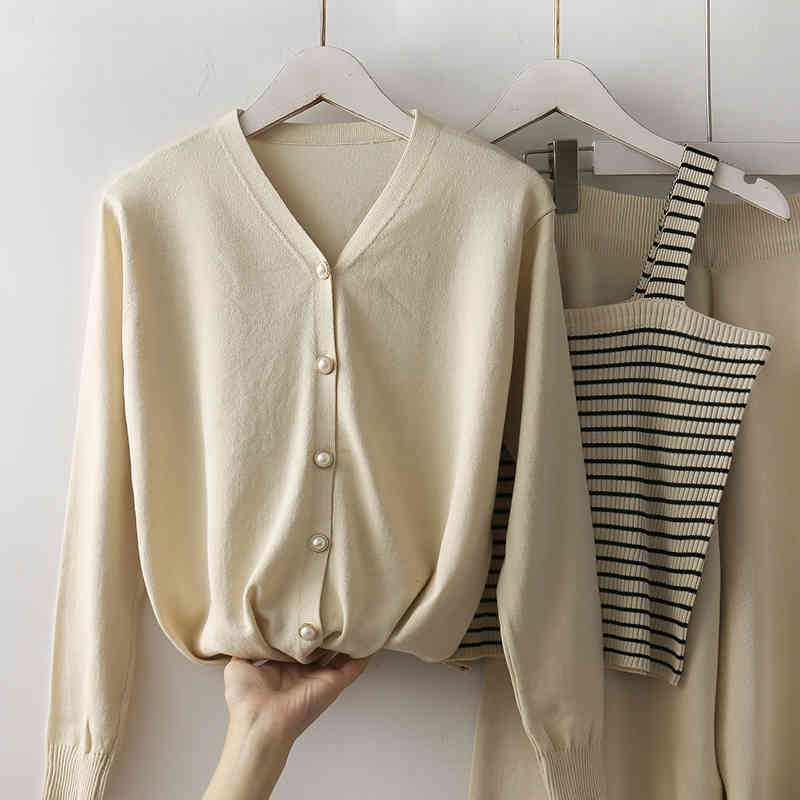 Chic 3 Pieces Set Women Knitwear Cardigan + Striped Vest Wide Leg Pants Female Autumn Casual Tracksuit Outfits 210519