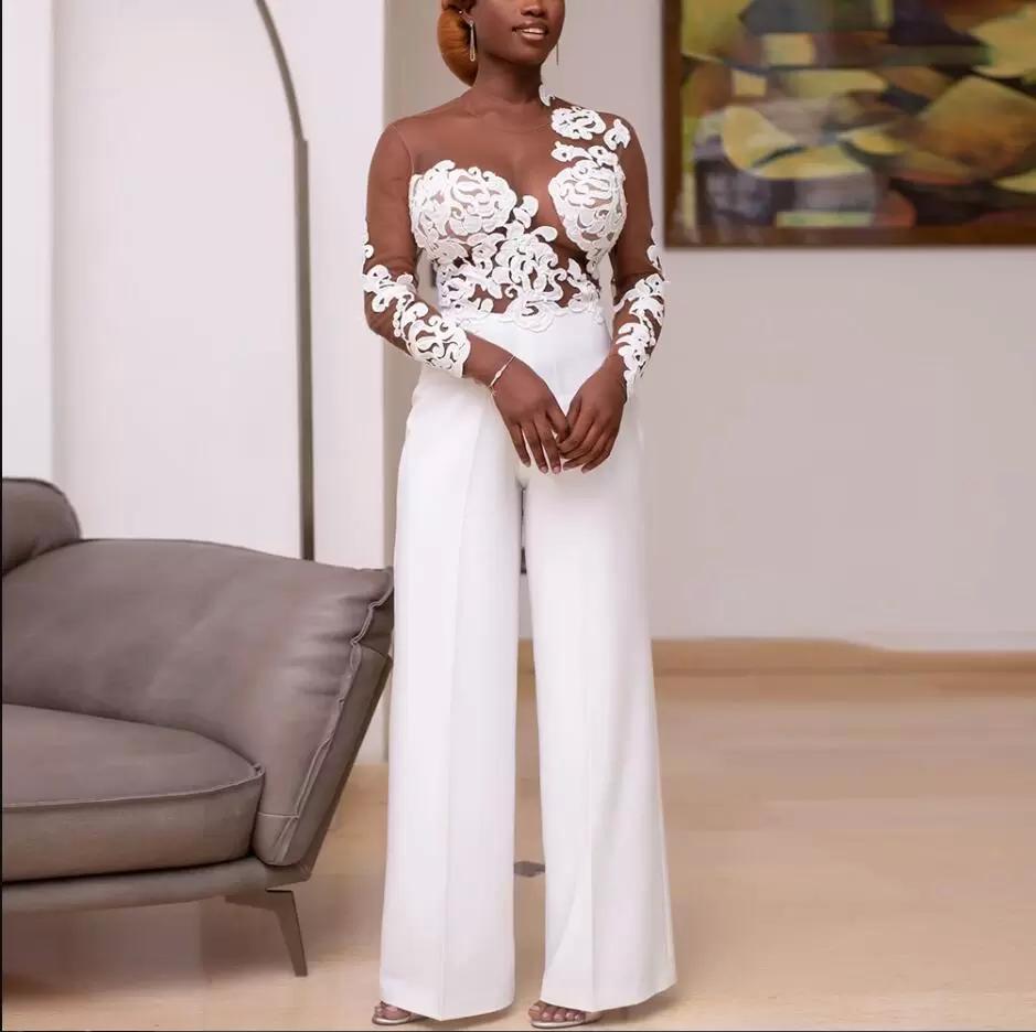 2022 Beach Wedding Dresses Jumpsuit Bridal Gown Jewel Neck Lace Applique Sexy Illusion Top Floor Length Long Sleeves Custom Made Plus Size vestido de 