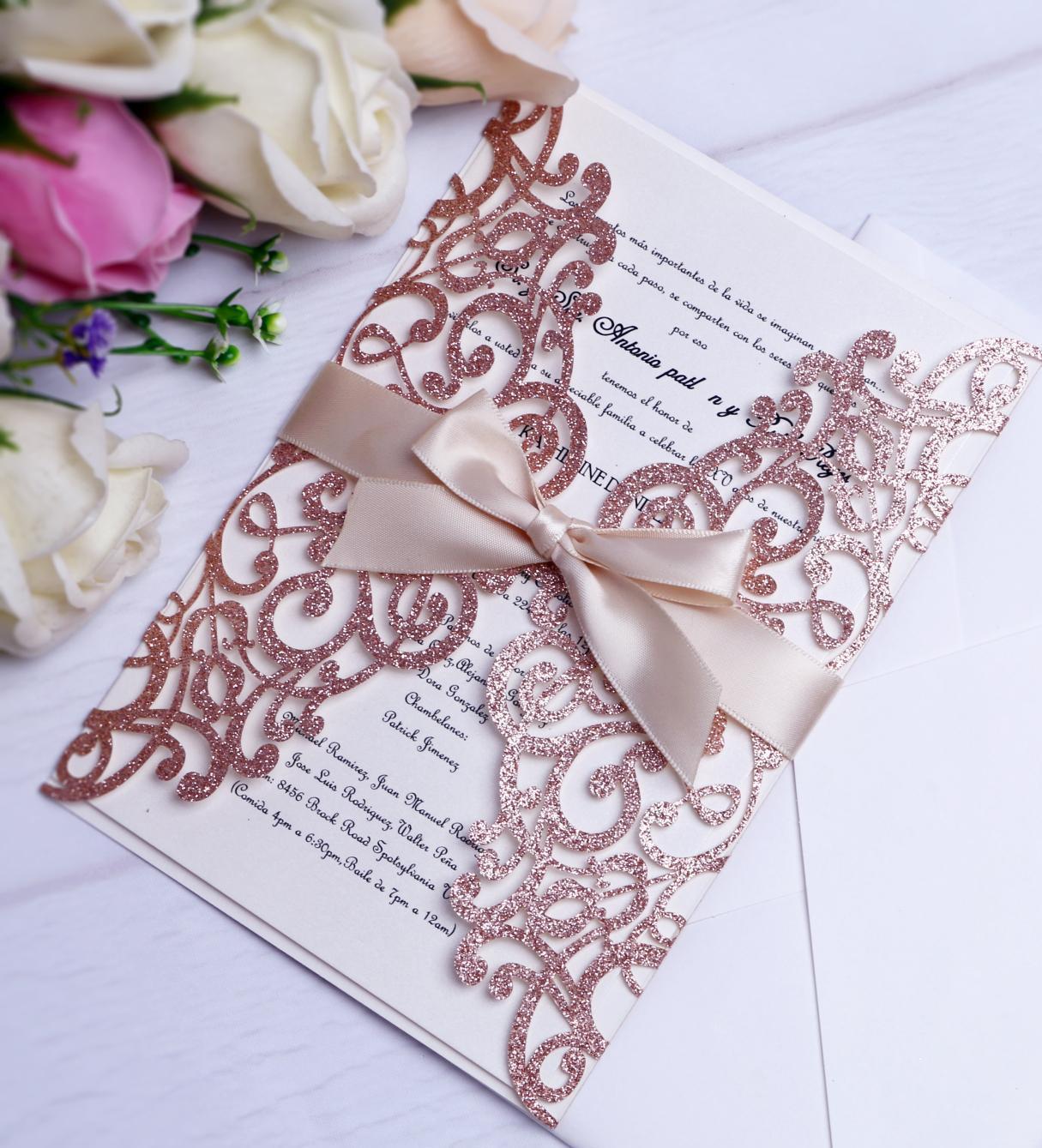 2021 Rose Gold Glitter Laser Cut Invitations Cards With Beige Ribbons For Wedding Bridal Shower Engagement Birthday Graduation