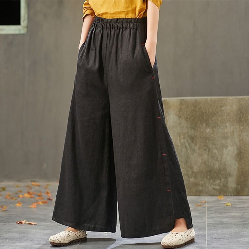 Summer Arts Style Women Elastic Waist cotton linen Wide Leg Pants Vintage Solid Loose Femme Trousers Plus Size S786 210512