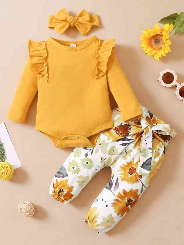 Baby Ruffle Trim Bodysuit & Floral Print Paper Bag Waist Belted Pants With Headband SHE