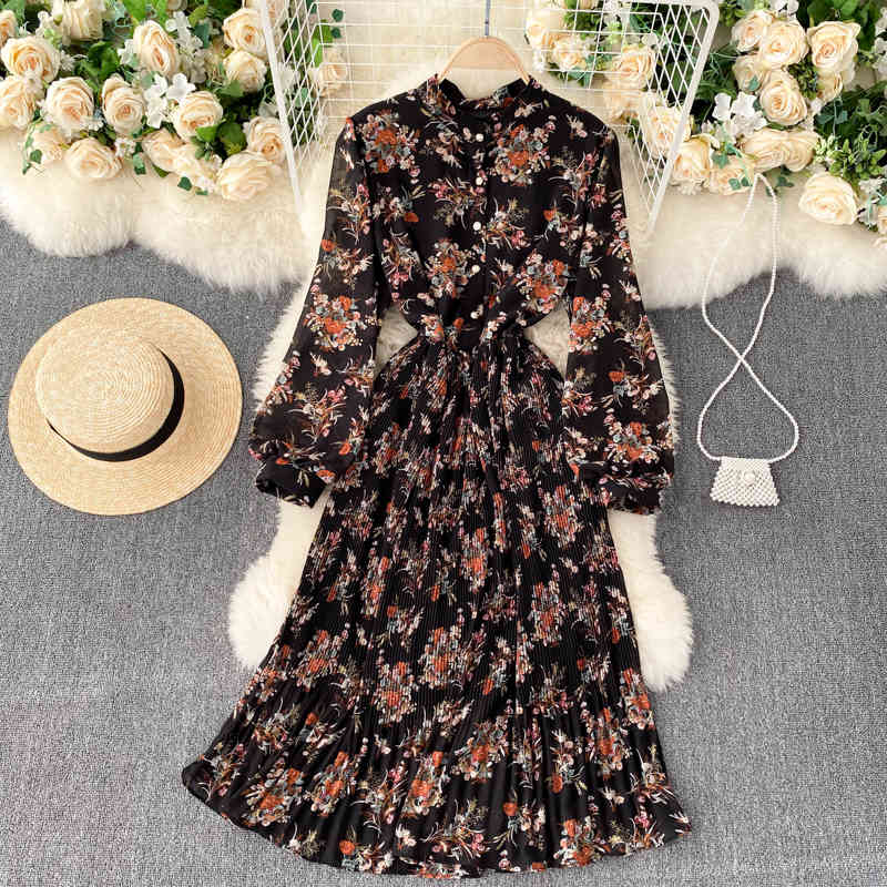 FLF Autumn Boho Print A-line Streetwear Dresses Women French Floral Dress O Neck Long Sleeve Button Ruched Ruffles Dress 210521