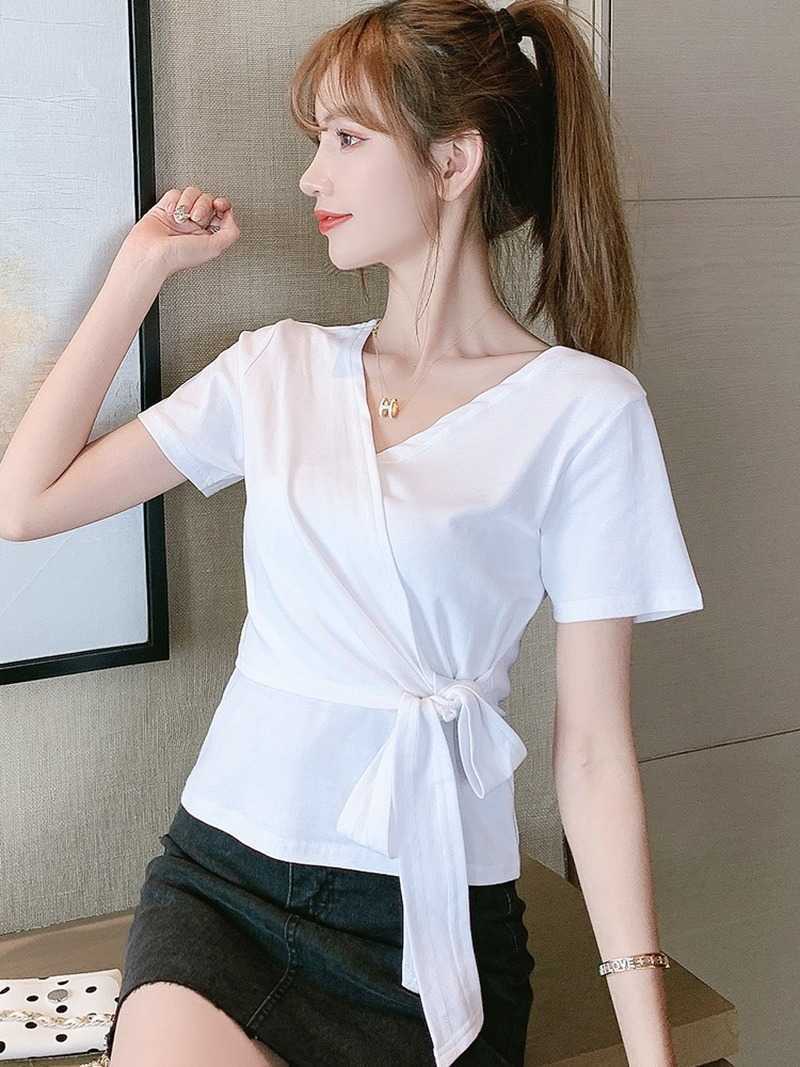 Spring/Summer Korean Fashion and Elegant OL Women's T-shirt White Lace-up Thin Short 210615Z