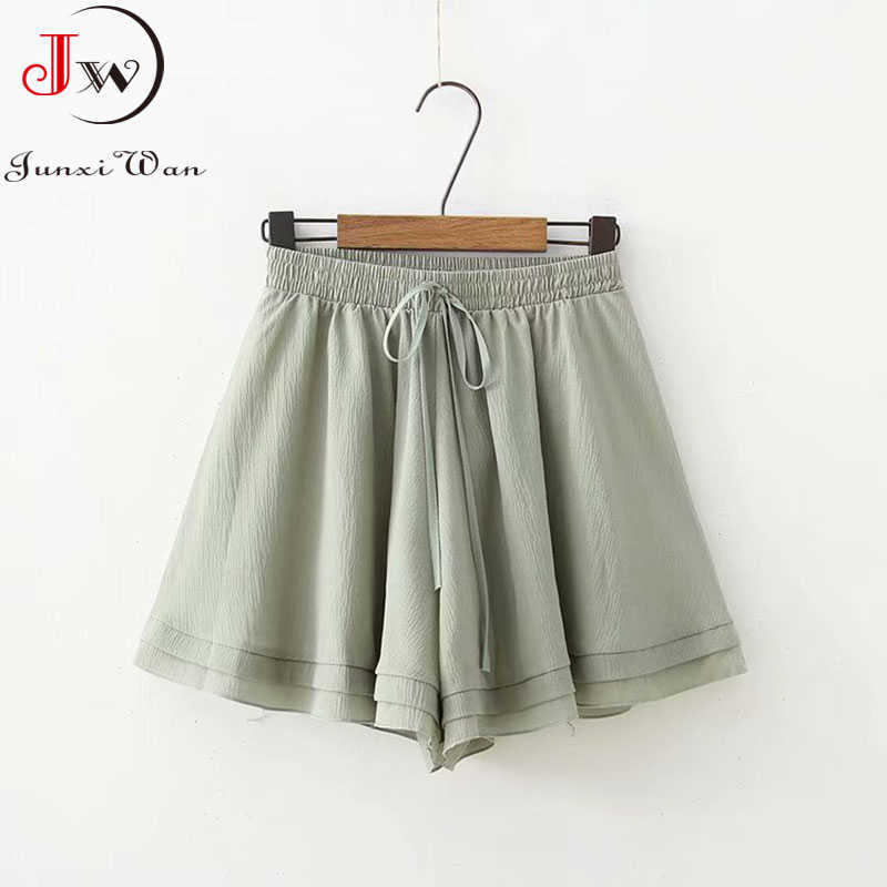 Women Summer Casual Chiffon Short Pants High Waist All-Match Cute Sweet Girls Ruffled Loose A-Line Wide Leg Shorts Korean 210714
