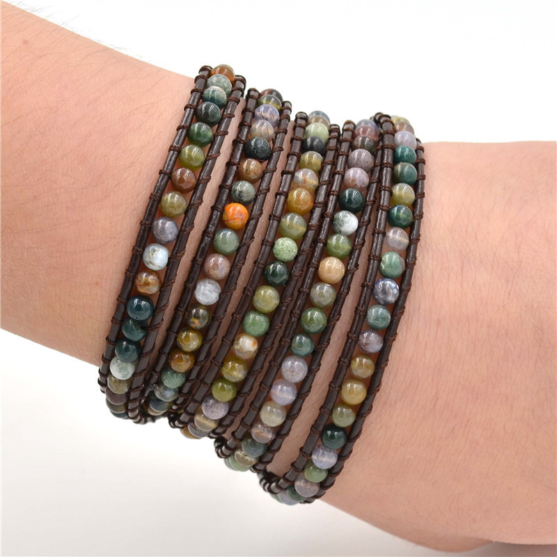 Bohemian Layered Natural Stone Crystal Beaded Strands Bracelet Wrap Leather Rope Boho Multilayer Handwoven Adjustable