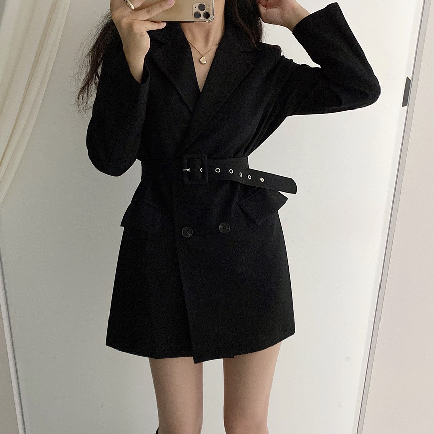 Elegant Chic Autumn Notched Collar Blazers Coat Women Office Ladies Double-breasted Khaki Long Sleeve With Belt 210506