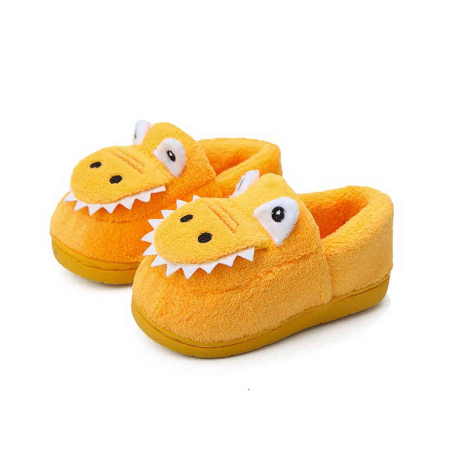 Winter Warm Home Kids Fur Slippers Cute dinosaur Pattern Indoor Cartoon Baby Slippers Soft Sole Rubber Bottom Children Shoes 211119