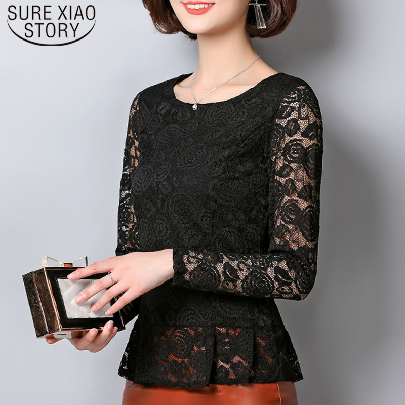 Slim Long Sleeve Shirts Pullover Autumn Winter Fashion Lace Hollow Women Blouses Sexy Solid Print Ladies Tops Elegant 6917 50 210510