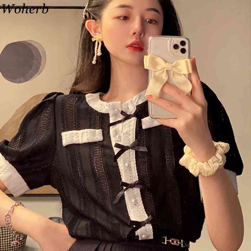 Elegant Lace Hollow Out Blouses Summer Fashion Slim Fit Puff Sleeve Single Breasted Women Shirts Korean Blusas 210519