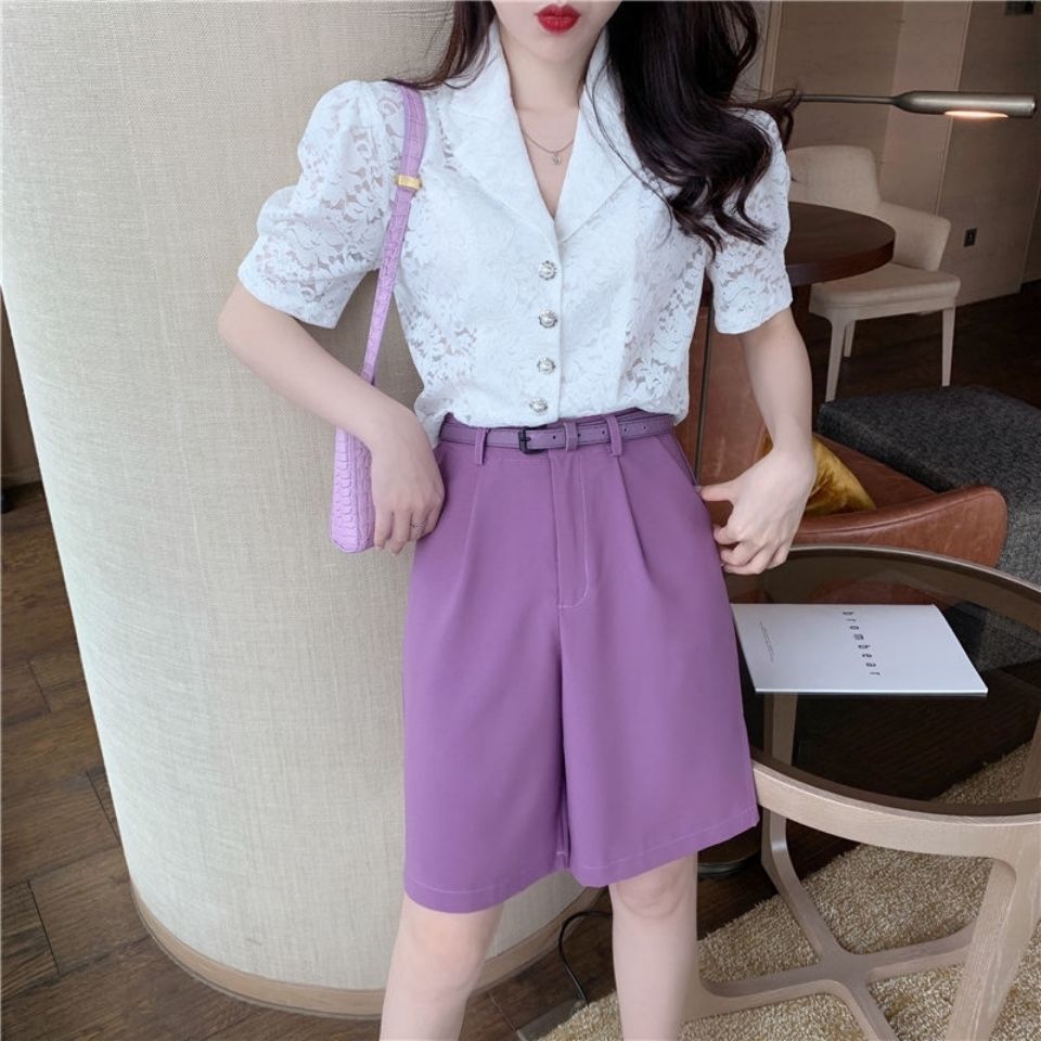 Wonder Half Pants with Belt High Waist Wide Leg Korean Elegant Loose Trousers Pocket Bottoms 210510