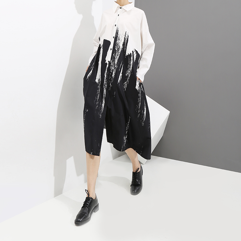 Painting Style Long Sleeve Woman Black And White Printed Shirt Dress Tie-Dyed Plus Size Midi Ladies Casual Dresses Robe Femme