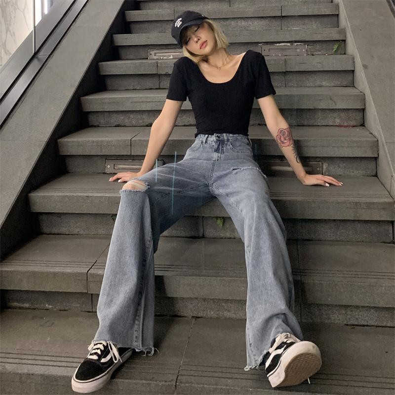 vintage High Waist Ripped tassel full length Mom Jeans Women Plus Size Harajuku Wide Leg Clothes trousers Streetwear Denim Pants 210922