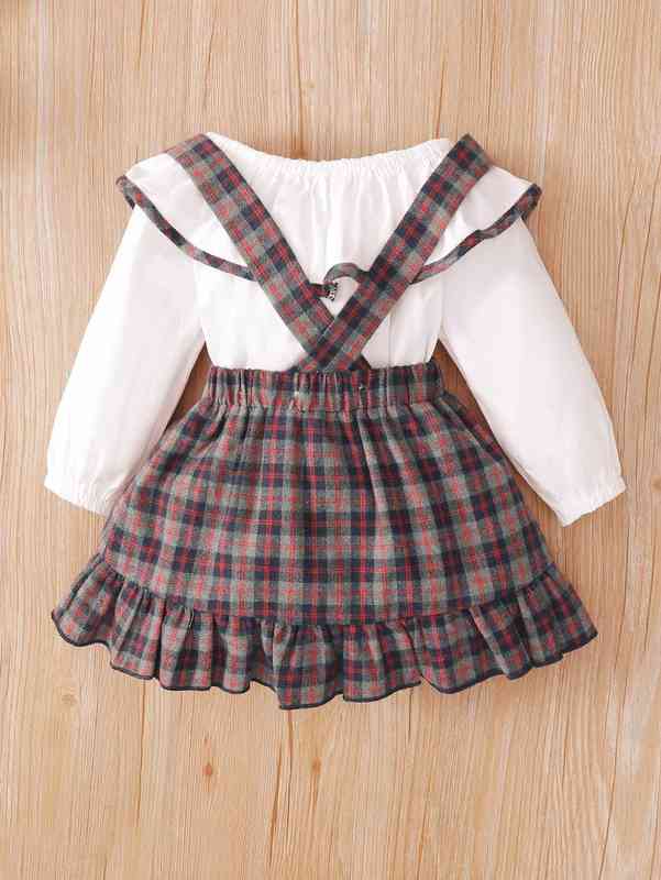 Baby Contrast Binding Bodysuit & Plaid Print Bow Front Ruffle Hem Suspender Skirt SHE