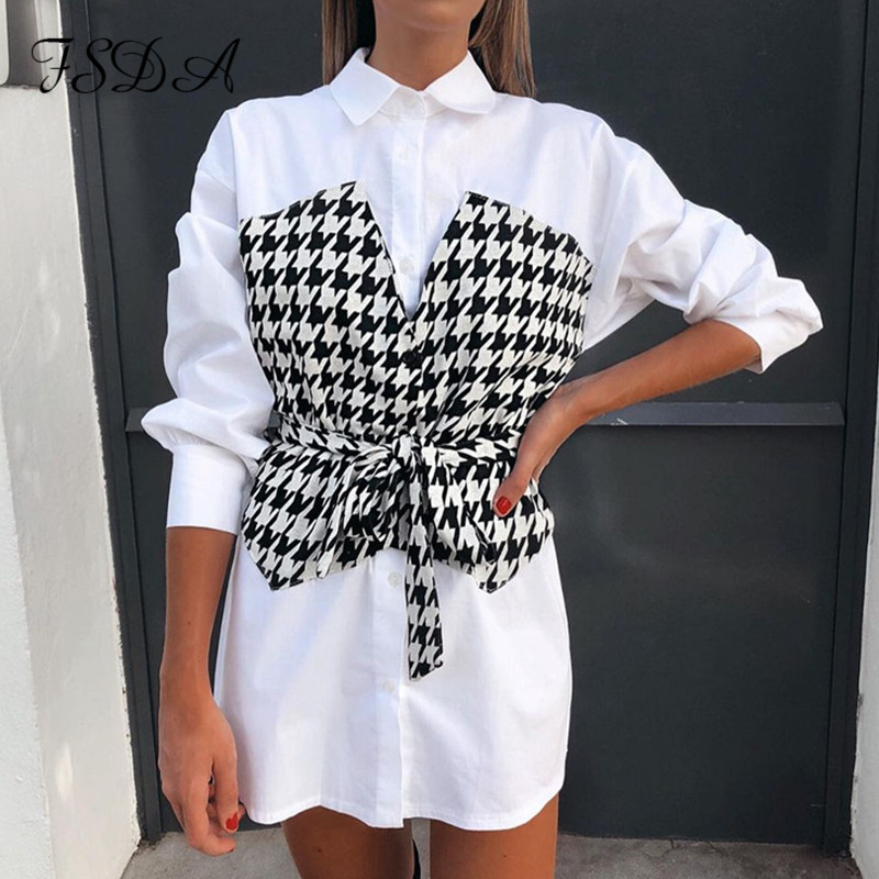 2021 patchwork shirt dress houndstooth long sleeve bandage sashes autumn winter white casual mini a line dresses fashion, Black;white 
2021 patchwork shirt dress houndstooth long sleeve bandage sashes autumn winter white casual mini a line dresses fashion, Black;white