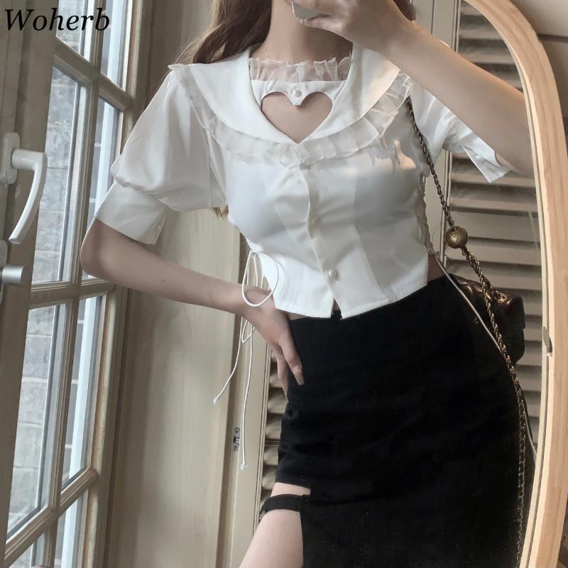 Heart Hollow Out White Blouse Women Sexy Slim Crop Top Shirt Lace Patch Bandage Blusas Korean Chic Summer Cute Tops 210519