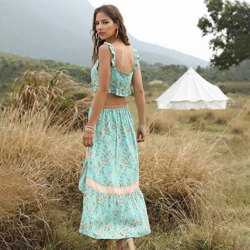 Two Piece Dress Summer Women Bohemia Set Fashion Print Sexy Tank Tops And Asymmetry Long Skirts Beach Vacation 2