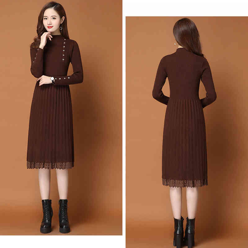 Lace Patchwork V-Neck Slim Waist Stretch Knitted Dress Women Button Decorations Knee-Length Lady Long Sleeve Knitwear Dresses 210522