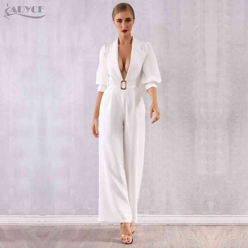 White Celebrity Runway Jumpsuit Women Sexy Deep V-Neck Long Sleeve Sashes Rompers Bodycon Bodysuits 210423