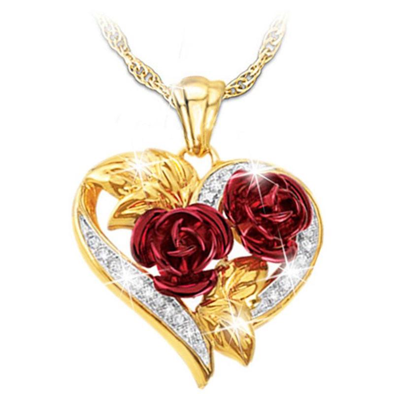 Love Rose Necklace Gold 3D Heart Shaped Pendant with Heart-Shaped Chain Necklace Rose Double