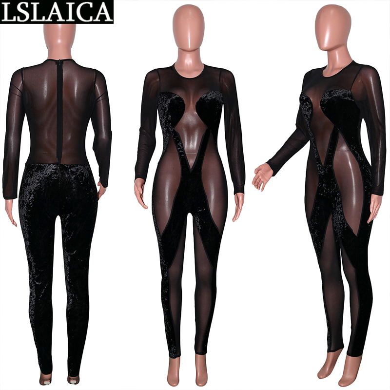 Fashion Jumpsuit Patchwork Jumpsuits for Women Long Sleeve Skinny Sexy Clubwear Mesh See Through Enterizos Para Mujer 210515