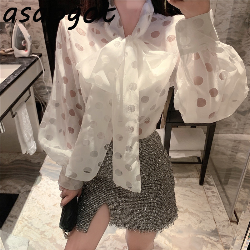 Transparent Retro Blouse Lantern Sleeve Red Polka Dot Bow Shirts Long Top Chic High StreetWear Loose Fashion Blusas 210429