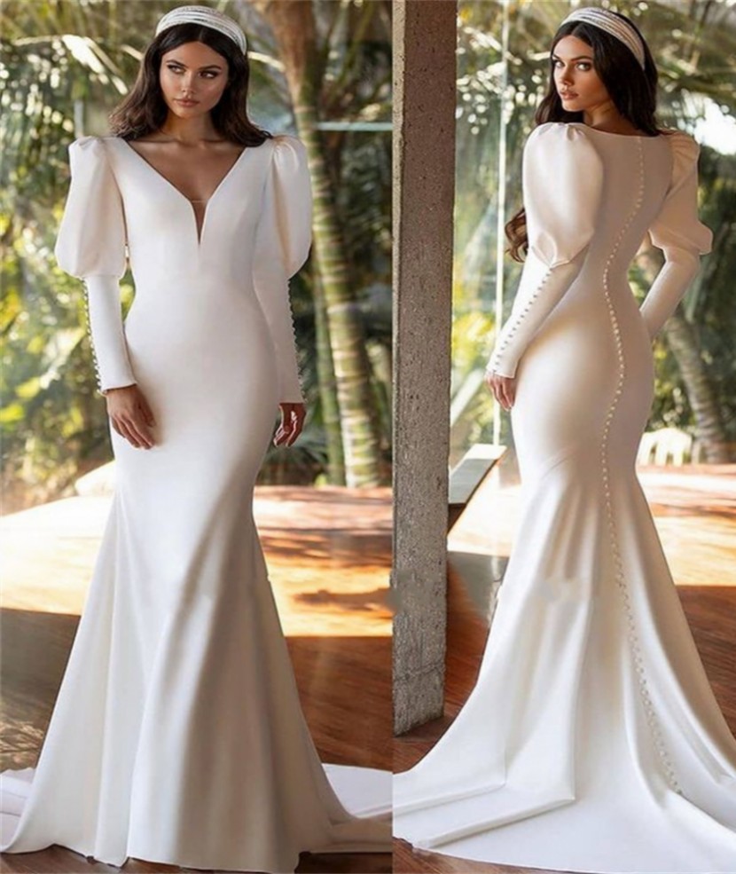New V Neck Mermaid Wedding Dress Beach Satin Long Puff Sleeve Bridal Gowns Elegant White Butto 2022 Custom Size Vestido De Noiva Robe De Mariage