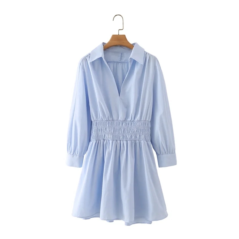 Women V Neck Elastic Waist Blue Mini Dress Female Nine Quarter Sleeve Clothes Casual Lady Loose Vestido D7508 210430Z