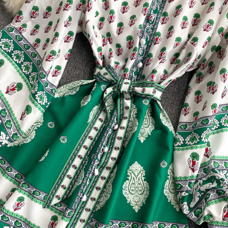 Women Fashion Chic Vintage Print Round-neck Long Sleeve High Waist Thin Feminine A-line Dress Elegant Clothes Vestidos R915 210527