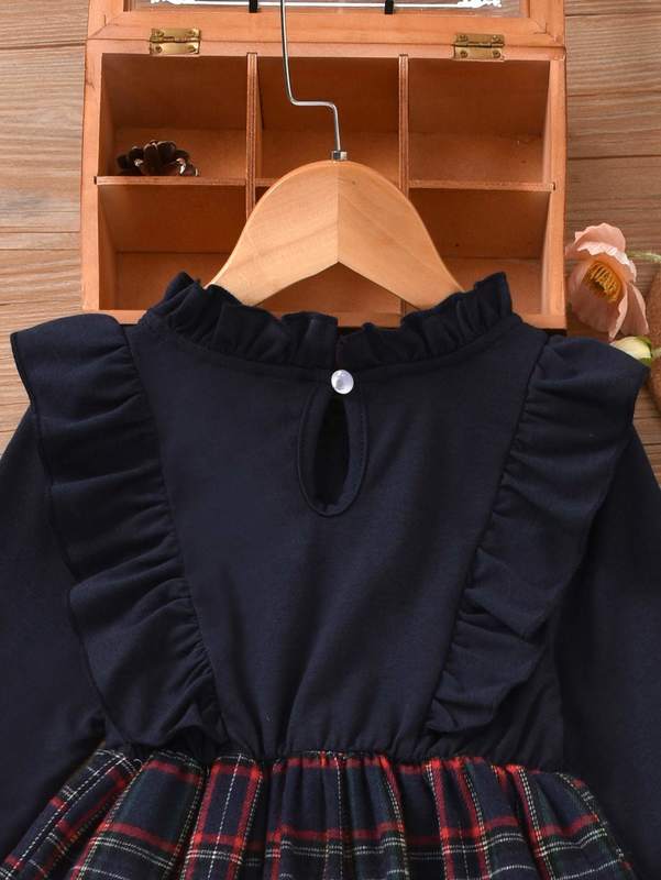 Toddler Girls Tartan Bow Front Ruffle Trim Frilled Neck Dress SHE