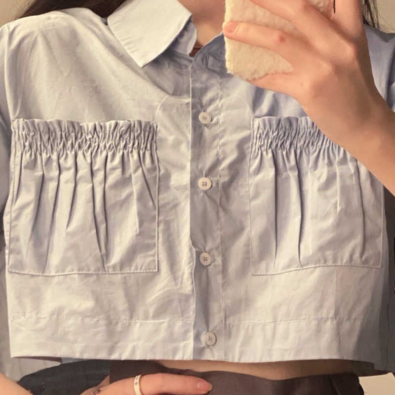 High Waist Short Women Blouse Causal Pleated Pockets Shirt Summer Sleeve Turn-down Collar Crop Tops 6G835 210603