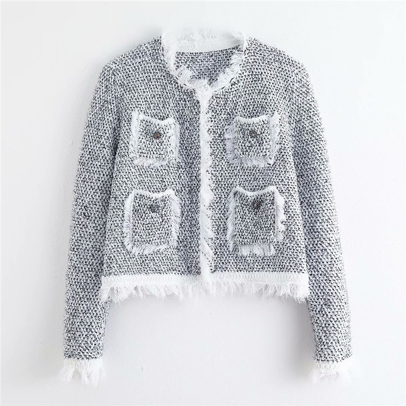 Evfer Women Fashion Tweed Solid Autumn Short Outwear Female Elegant Jewelry Button Long Sleeve Pockets Jackets Coats Chic 210421