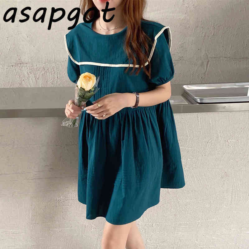 Chic Korean Preppy Style Summer Contrast Color Sailor Collor Dress Mini Student Loose Short Sleeve Doll Retro Vestido 210429
