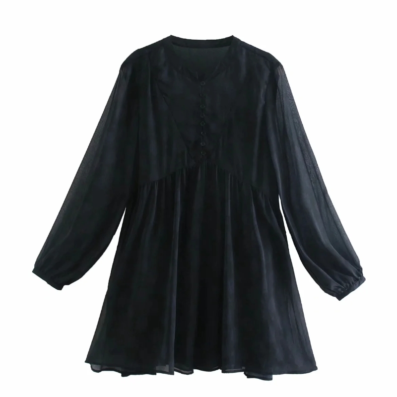 Women Flower Printing Chiffon Black Mini Dress Casual Female Long Sleeve Clothes Lady Loose Vestido D6929 210430