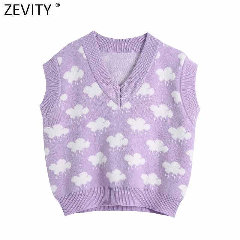 Zevity Women Fashion V Neck Cloud Pattern Knitting Sweater Female Sleeveless Casual Slim Vest Chic Leisure Pullovers Tops S669 210918