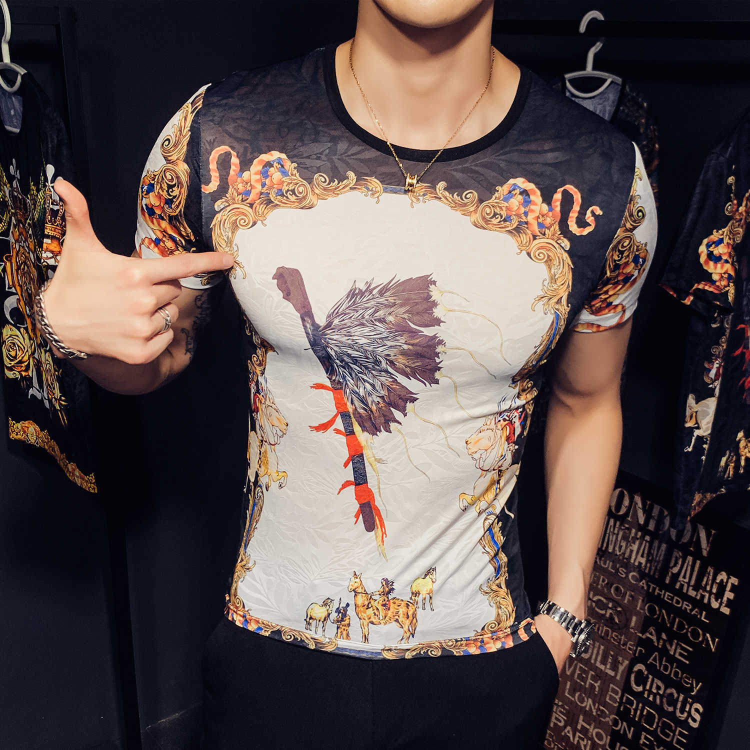 Retro Print T Shirt Men Ice Silk Breathable Short Sleeve Streetwear Tshirt Male Casual T Shirts Camiseta Masculina 210527