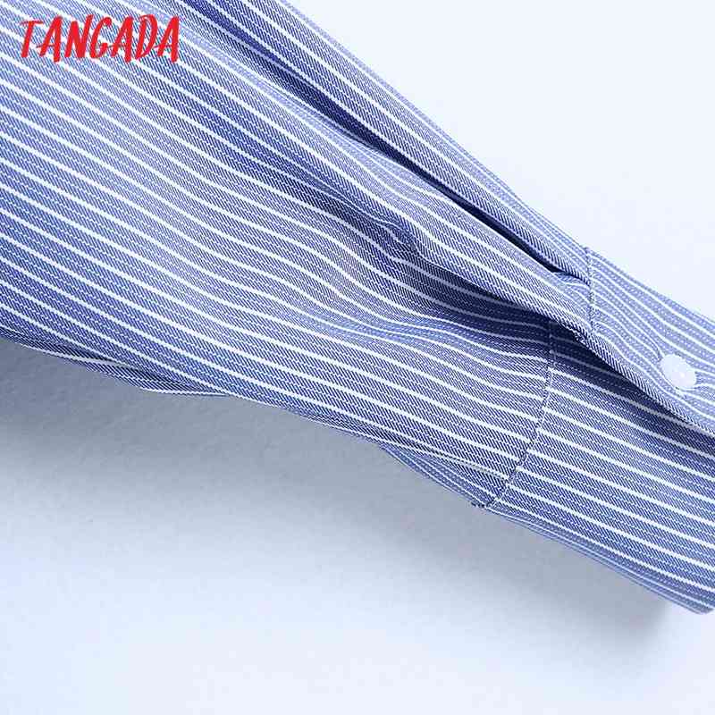 Women Blue Striped Tie Bow Shirt Vintage V Neck Long Sleeve Female Shirts Blusas Chic Tops BE500 210416