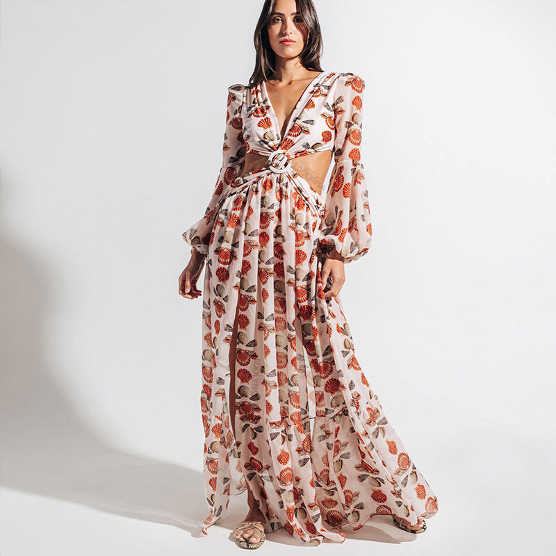 Vintage Shells Print Bikini Cover-ups Sexy Cross Open Back Long Sleeve Summer Dress Women Beach Wear Swim Suit Cover Up A889 210420