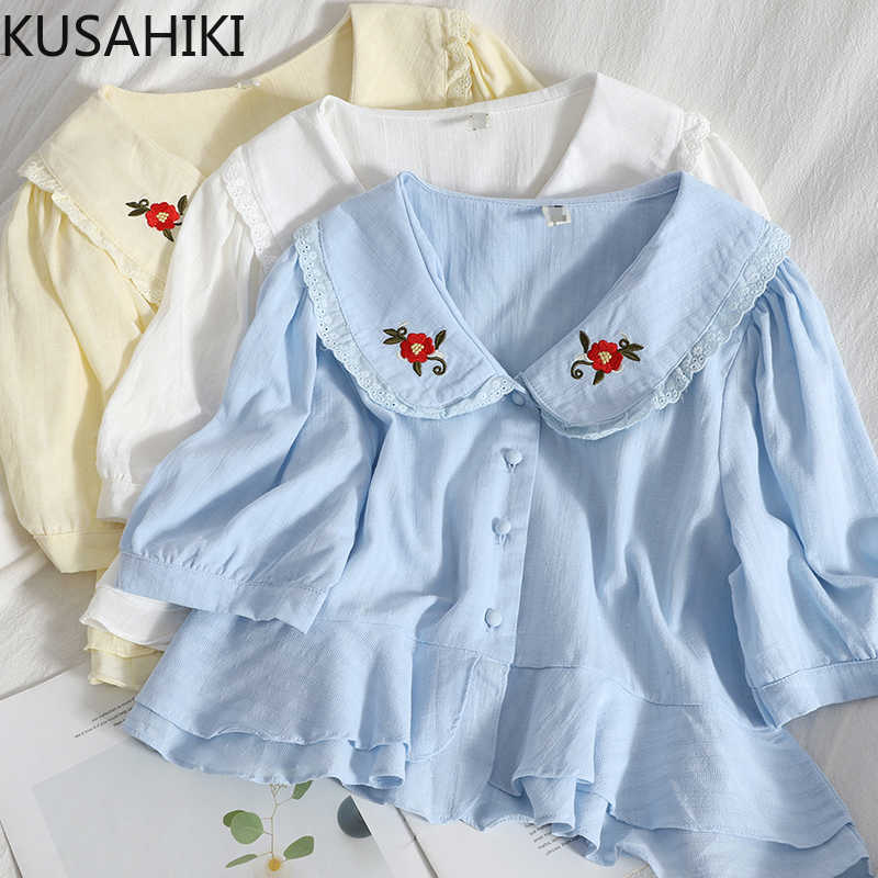 Double Ruffle Doll Shirt Floral Embroidery Peter Pan Collar Women Blouses Causal Puff Short Sleeve Blusas Mujer 6G825 210603, White
Double Ruffle Doll Shirt Floral Embroidery Peter Pan Collar Women Blouses Causal Puff Short Sleeve Blusas Mujer 6G825 210603, White